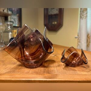 Amethyst Purple Ribbon Handkerchief Glass Votive Candle Holders Set of 2